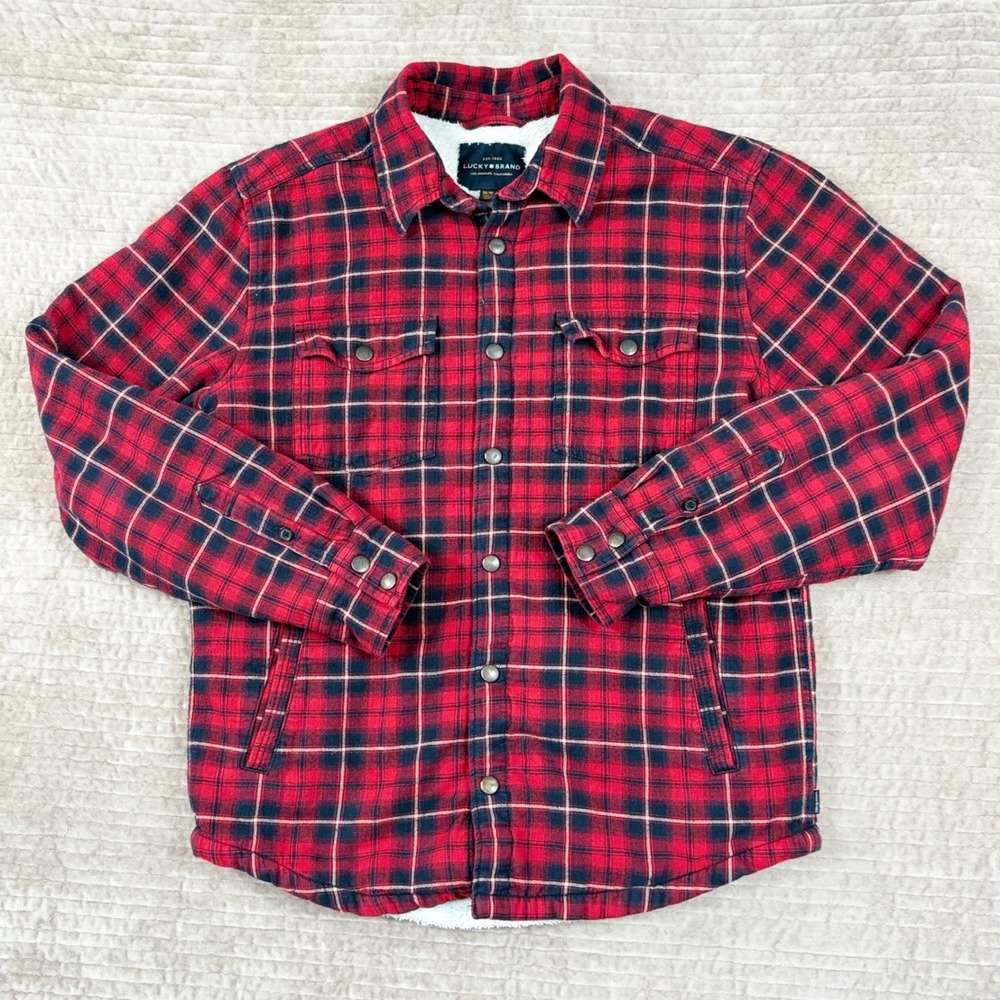 Lucky Brand Mens Red Plaid Sherpa Lined Flannel Shirt Jacket 7MD3500 Size M